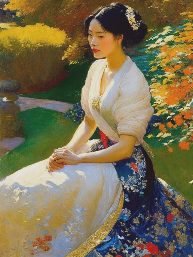 08739-3841299702-a messy, impasto portrait of a seated, slim, 30 year old, very beautiful Japanese Korean woman wearing a lavish gown in a garden.png